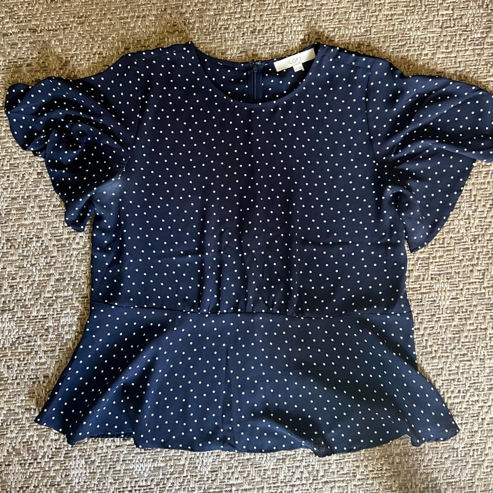 LOFT Navy Top with White Dots - Vintage-Inspired, Flowy Sleeve, Cinch Waist